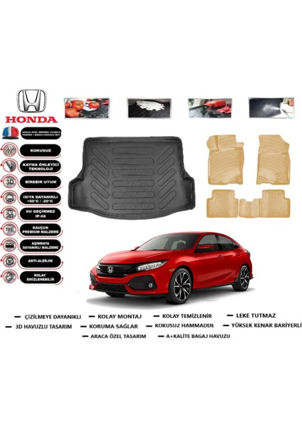 Honda Civic Hb 2016 Model Bagaj Havuzu(Paspası)+Araca Özel Bej Paspas Takımı Flex
