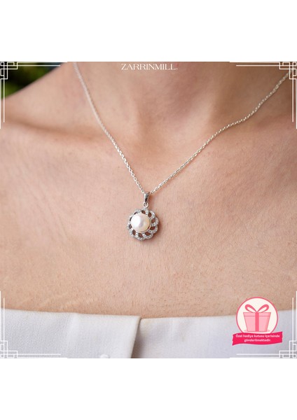 Kadın 925 Ayar Gümüş Güneş Motifli Inci Kolye