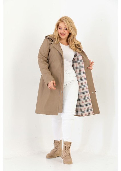 Kadın Suya Dayanıklı Büyük Beden Trençkot Uzun Kapüşonlu Trençkot Bonded Kumaş Içi Ekoseli Trençkot