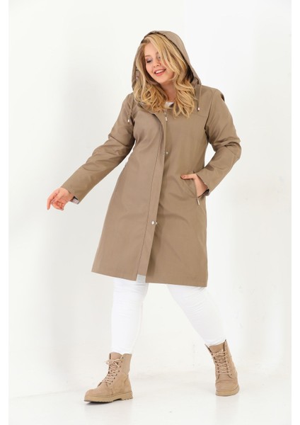 Kadın Suya Dayanıklı Büyük Beden Trençkot Uzun Kapüşonlu Trençkot Bonded Kumaş Içi Ekoseli Trençkot fiyatları