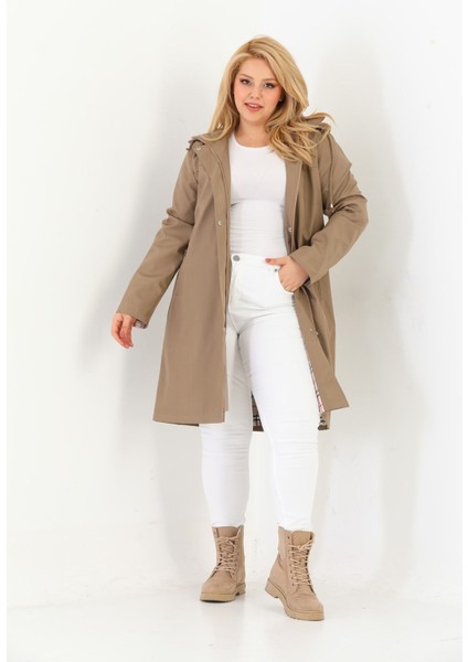 Kadın Suya Dayanıklı Büyük Beden Trençkot Uzun Kapüşonlu Trençkot Bonded Kumaş Içi Ekoseli Trençkot modelleri