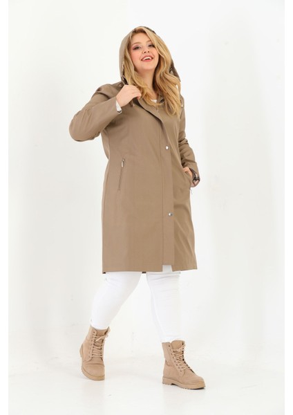 Kadın Suya Dayanıklı Büyük Beden Trençkot Uzun Kapüşonlu Trençkot Bonded Kumaş Içi Ekoseli Trençkot fırsatları