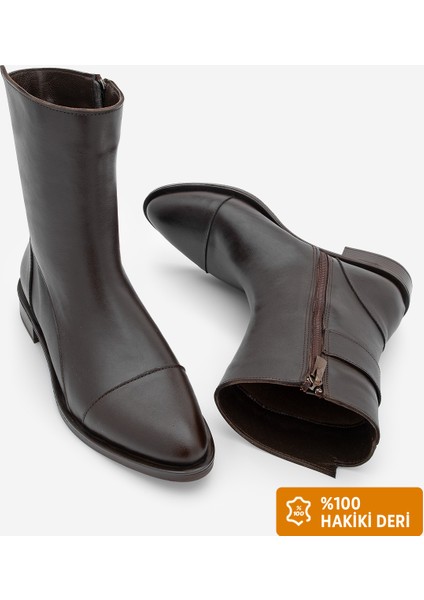 Kadın Hakiki Deri Günlük Bot Fermuarlı Tekas Kahve