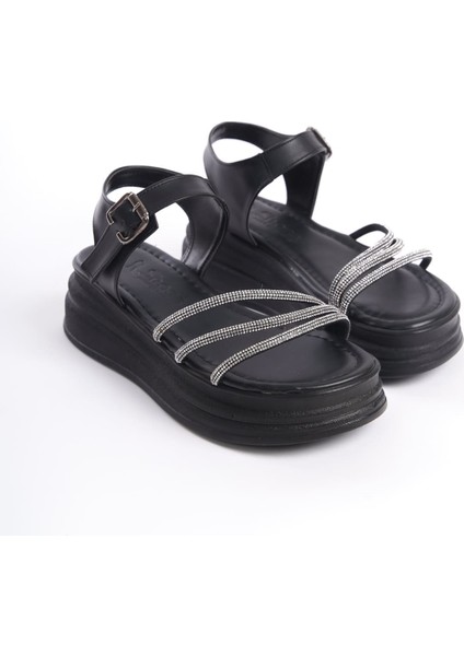 Eva Kalın Tokalı Taşlı Şeritli Ortopedik Taban Kadın Sandalet Cst - Siyah fırsatları