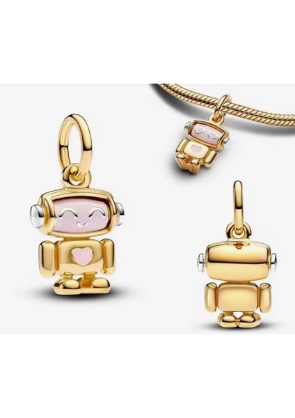 Poseidons Jewellery 925 Ayar Gold Renk Pembe Detay Kafası Dönen Robot Charm