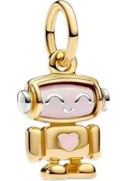 Poseidons Jewellery 925 Ayar Gold Renk Pembe Detay Kafası Dönen Robot Charm modelleri