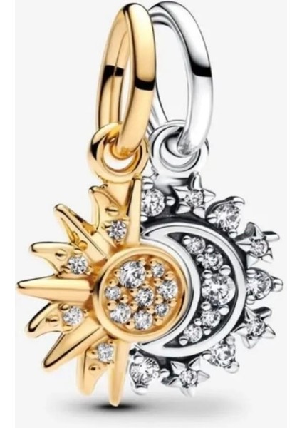 Zirkon Taşlı Ayrılabilir Güneş ve Ay Sallantılı 925 Ayar Charm