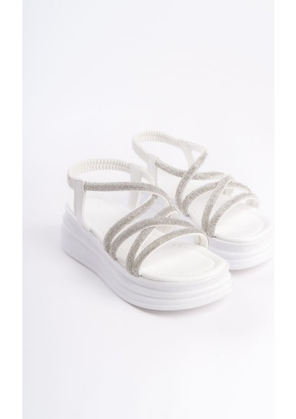 Elena Lastikli Taşlı Şeritli Ortopedik Taban Kadın Sandalet Cbt - Beyaz fırsatları