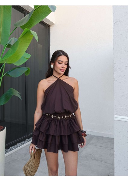 Bel Drape Ip Bağlamalı Mini Elbise