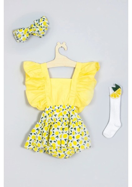 Kız Bebek Limon Desenli Slopet Bandana ve Keçeli Çorap 3'lü Set