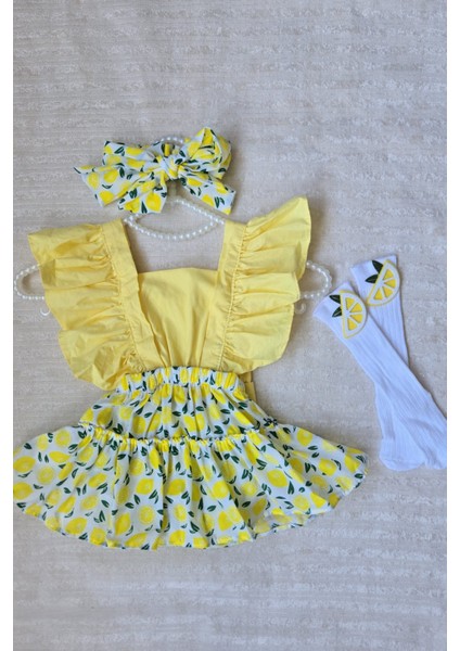 Kız Bebek Limon Desenli Slopet Bandana ve Keçeli Çorap 3'lü Set fırsatları