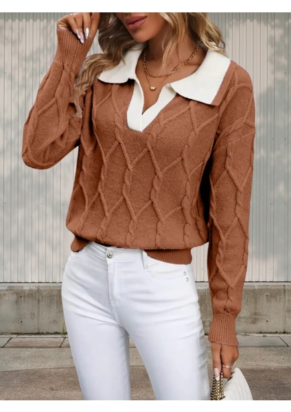 Polo Yaka Örgü Desenli Kadın Triko Kazak