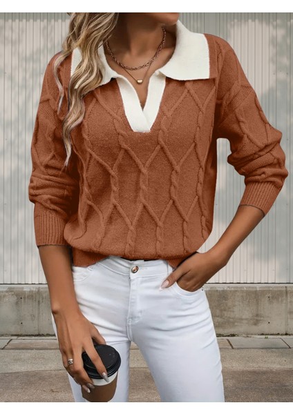 Polo Yaka Örgü Desenli Kadın Triko Kazak fiyatları