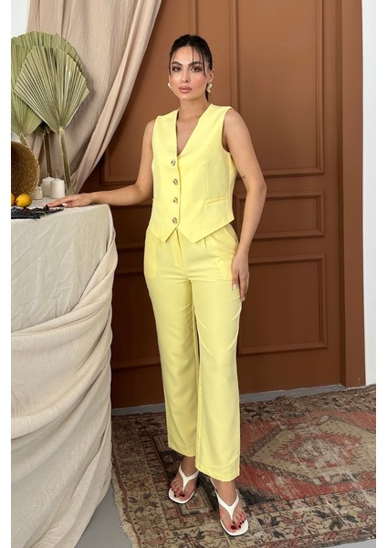 Kadın Alt Üst Takım Şık Gold Düğme Detaylı V Yaka Yelek Pantolon Takım
