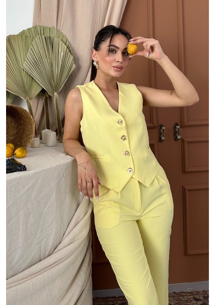 Kadın Alt Üst Takım Şık Gold Düğme Detaylı V Yaka Yelek Pantolon Takım indirimleri
