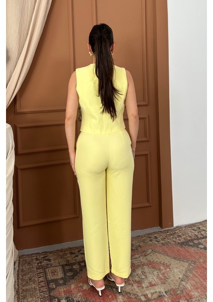 Kadın Alt Üst Takım Şık Gold Düğme Detaylı V Yaka Yelek Pantolon Takım