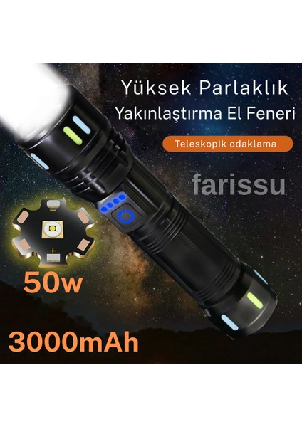 RT-171 1000 Lümen 50W Şarjlı LED El Feneri – 5 Modlu, Teleskopik Odaklamalı, Suya Dayanıklı