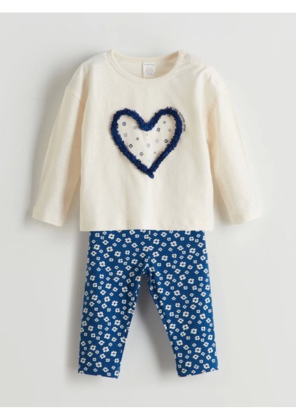 Lcw Baby Bej Bisiklet Yaka Çiçekli Kız Bebek Bluz ve Tayt 2'li