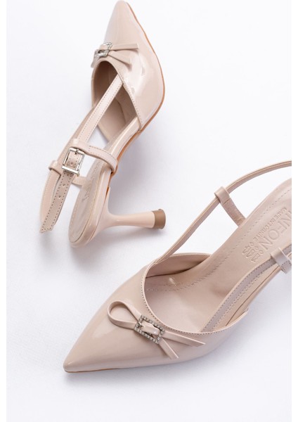 Kadın AYAKKABIİNF-2300 Beyaz Rugan Günlük Arkası Açık Fiyonklu Topuklu Bayan Ayakkabı indirimleri