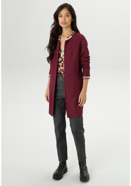 Kadın Büyük Beden Bordo, Yuvarlık Yakalı, Uzun Kollu, Welt Cepli, Kapamasız Blazer Ceket 65N38998