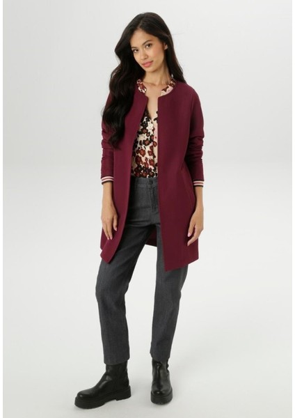 Kadın Büyük Beden Bordo, Yuvarlık Yakalı, Uzun Kollu, Welt Cepli, Kapamasız Blazer Ceket 65N38998