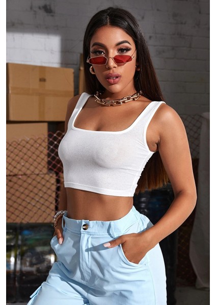 Kadın Beyaz Kalın Askılı Crop Top Büstiyer fırsatları