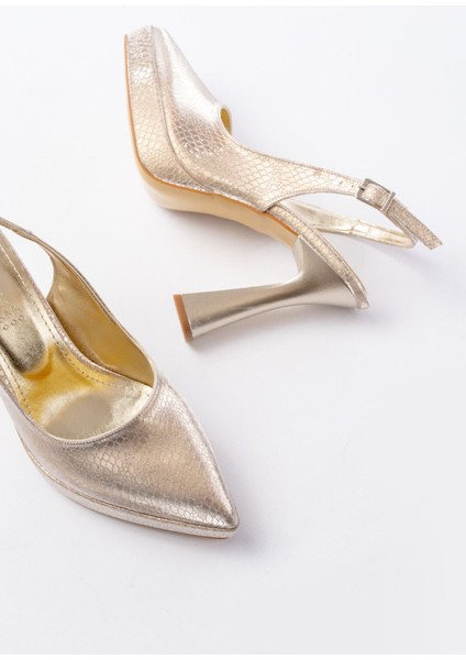 Kadın AYAKKABIB-2101 Gold Günlük Arkası Açık Yılan Desenli Topuklu Bayan Ayakkabı fırsatları