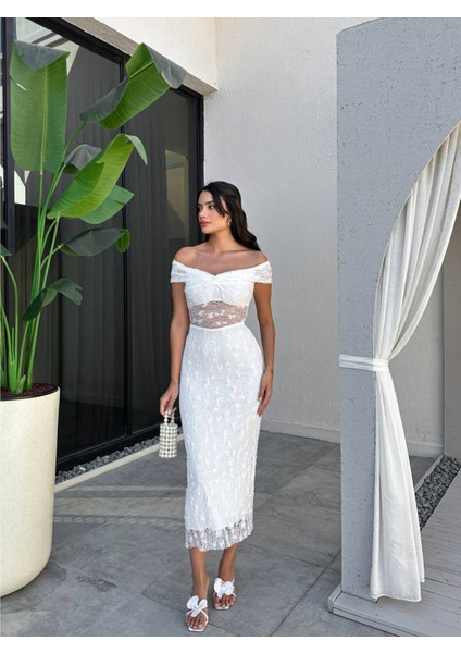 Göğüs Düğümlü Astarlı Dantel Elbise