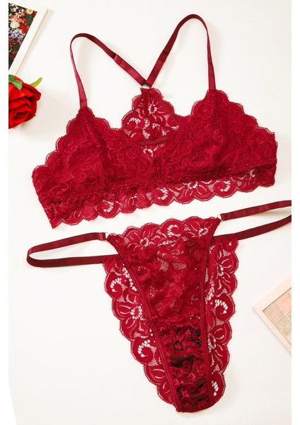 Kadın Bordo Sırtı Dantel ve Ip Detaylı Şık Sütyen Külot Takımı