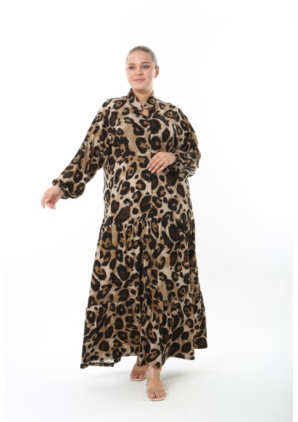 Kadın Likralı Viskon Büyük Beden Düğmeli Elbise