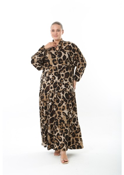 Kadın Likralı Viskon Büyük Beden Düğmeli Elbise