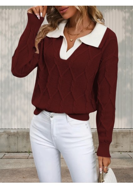 Polo Yaka Örgü Desenli Kadın Triko Kazak