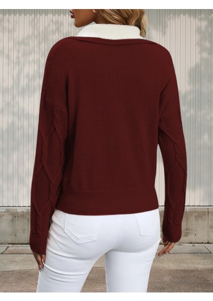 Polo Yaka Örgü Desenli Kadın Triko Kazak modelleri