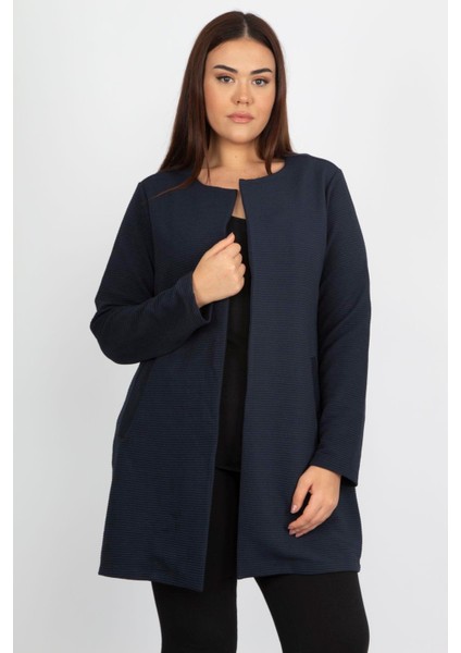 Kadin Lacivert Hakim Yaka Cep Detayli Astarsiz Ceket 65N14545