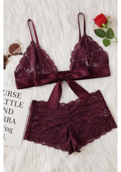 Kadın Bordo Dantelli & Kurdelalı Sütyen Külot Takımı