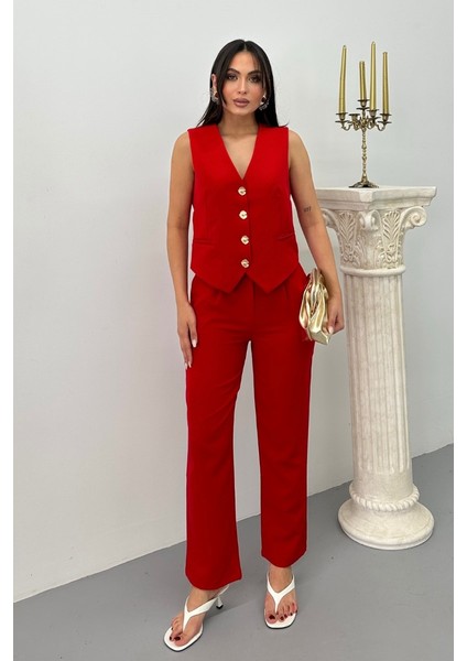 Kadın Alt Üst Takım Şık Gold Düğme Detaylı V Yaka Yelek Pantolon Takım