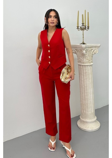 Kadın Alt Üst Takım Şık Gold Düğme Detaylı V Yaka Yelek Pantolon Takım fiyatları