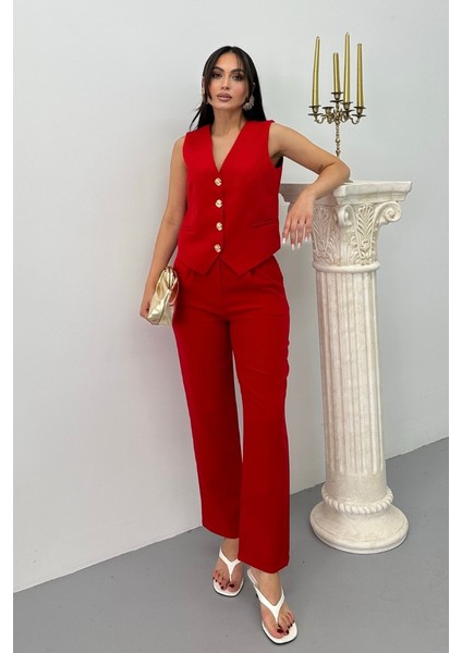 Kadın Alt Üst Takım Şık Gold Düğme Detaylı V Yaka Yelek Pantolon Takım modelleri