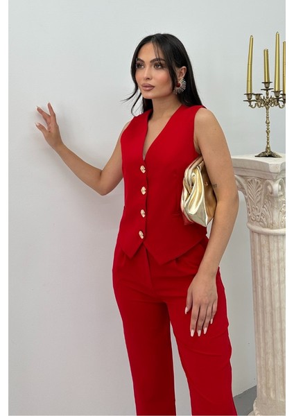 Kadın Alt Üst Takım Şık Gold Düğme Detaylı V Yaka Yelek Pantolon Takım indirimleri