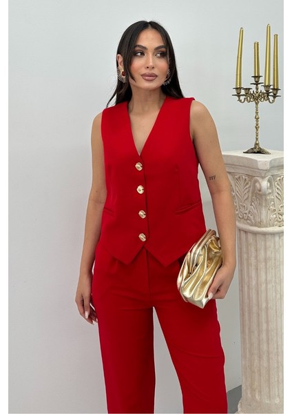 Kadın Alt Üst Takım Şık Gold Düğme Detaylı V Yaka Yelek Pantolon Takım