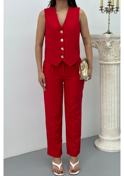 Kadın Alt Üst Takım Şık Gold Düğme Detaylı V Yaka Yelek Pantolon Takım