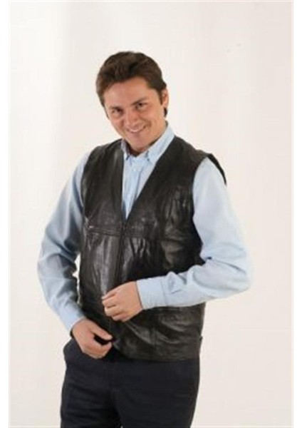 Hakiki Deri Siyah Kevin Fermuarlı Erkek Deri Yelek