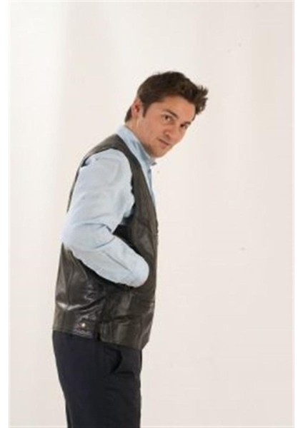 Hakiki Deri Siyah Kevin Fermuarlı Erkek Deri Yelek modelleri