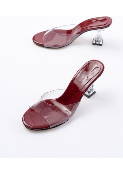 Kadın AYAKKABIS-619 Bordo Rugan Şeffaf Bantlı Şeffaf Topuklu Yuvarlak Burunlu Kadın Terlik modelleri