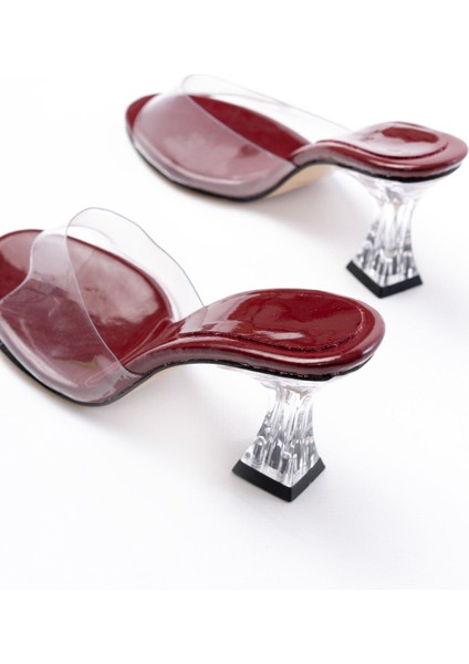 Kadın AYAKKABIS-619 Bordo Rugan Şeffaf Bantlı Şeffaf Topuklu Yuvarlak Burunlu Kadın Terlik fırsatları