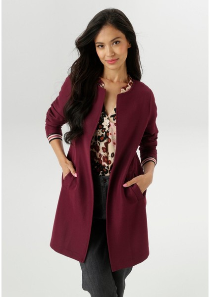 Kadın Büyük Beden Bordo, Yuvarlık Yakalı, Uzun Kollu, Welt Cepli, Kapamasız Blazer Ceket 65N38998