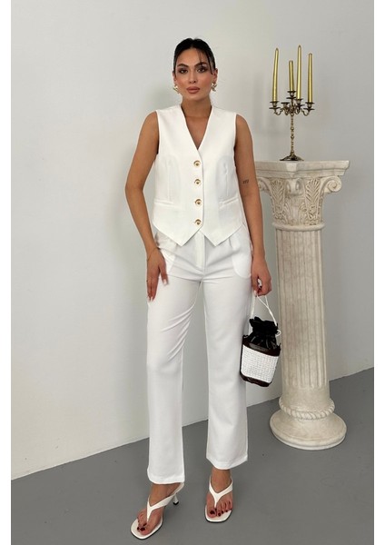 Kadın Alt Üst Takım Şık Gold Düğme Detaylı V Yaka Yelek Pantolon Takım