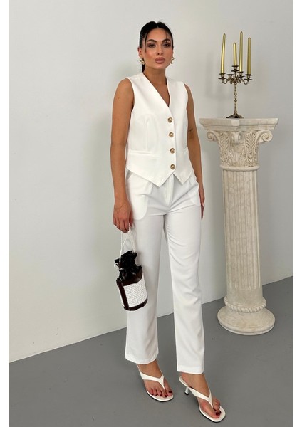Kadın Alt Üst Takım Şık Gold Düğme Detaylı V Yaka Yelek Pantolon Takım fiyatları