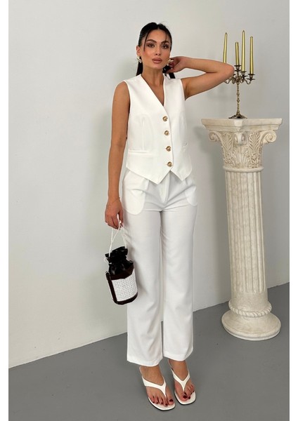Kadın Alt Üst Takım Şık Gold Düğme Detaylı V Yaka Yelek Pantolon Takım modelleri