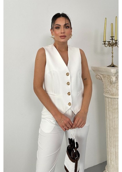 Kadın Alt Üst Takım Şık Gold Düğme Detaylı V Yaka Yelek Pantolon Takım fırsatları